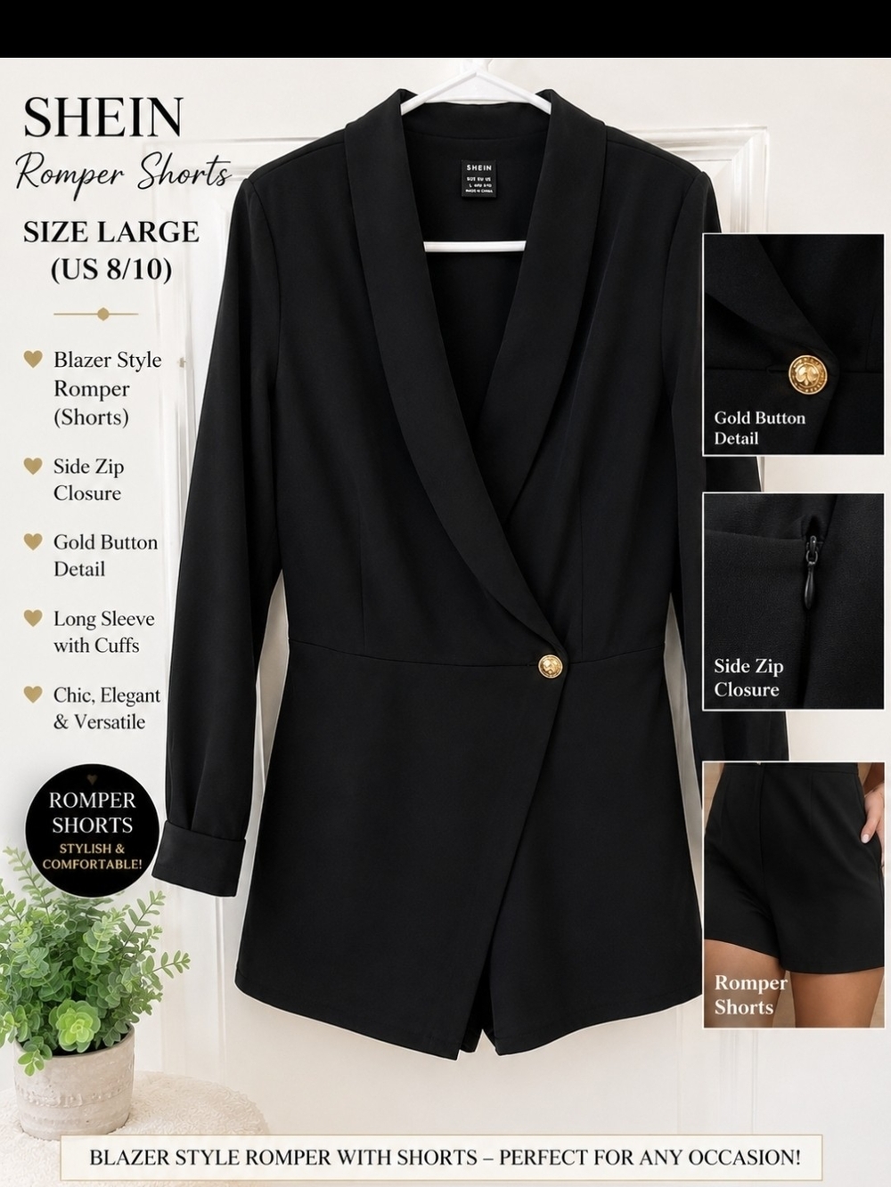 SHEIN Black Blazer Romper with Gold Button